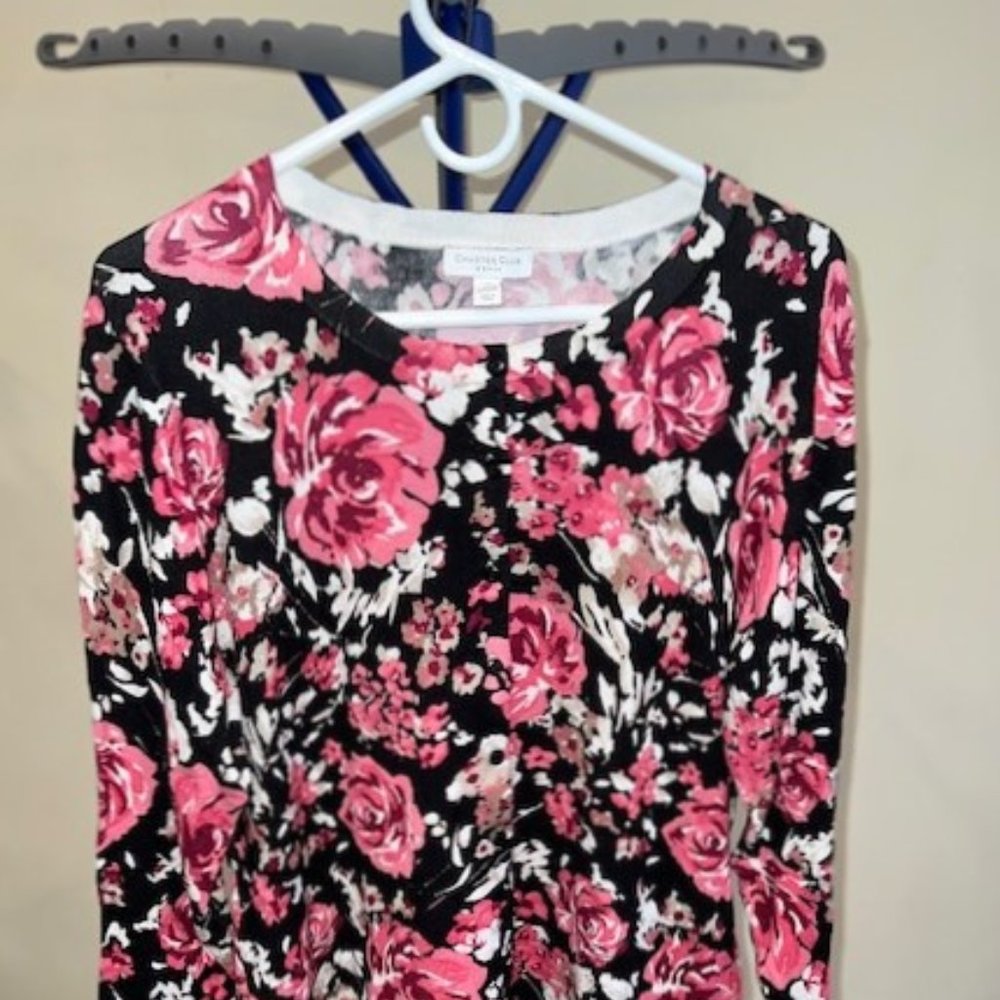 Woman's Charter Club Size 0X Pink and Black Floral Long Sleeve Cardigan